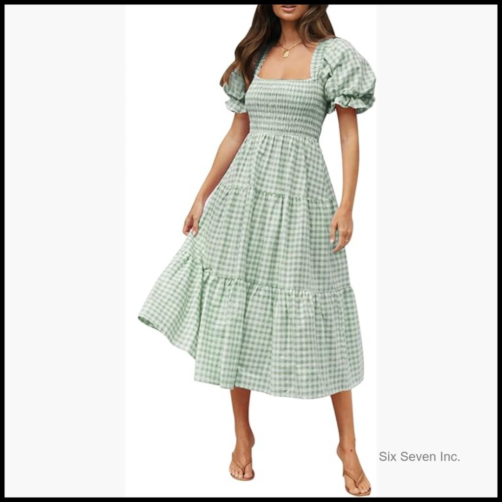Bohemian Summer Plaid Square Neck Puff Sleeve Ruffle Midi Dress